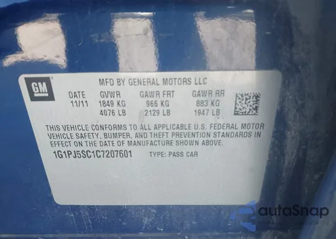 2012 Chevrolet Cruze Eco из США, поврежденный, VIN 1G1PJ5SC1C7207601